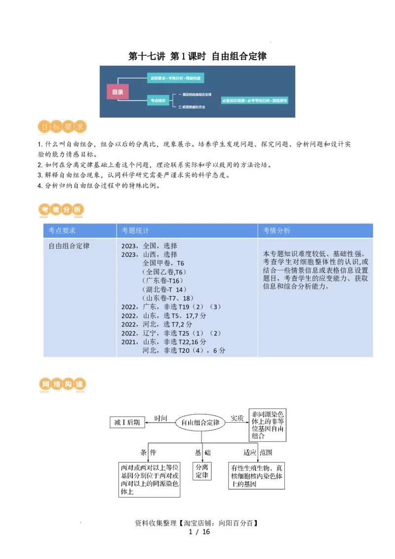 第17.1讲基因的自由组合定律（讲义）（学生版）_新高考复习资料_2024年新高考复习资料_一轮复习资料_完2024年高考生物一轮复习讲练测(课件+讲义+练习)（新高考）_讲义+练习