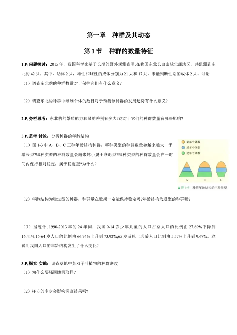 第1章种群及其动态-查漏补缺2023年高考生物一轮复习教材必背细节与旁栏思考梳理汇总（新教材）（学生版）_新高考复习资料_2023年新高考复习资料_一轮复习