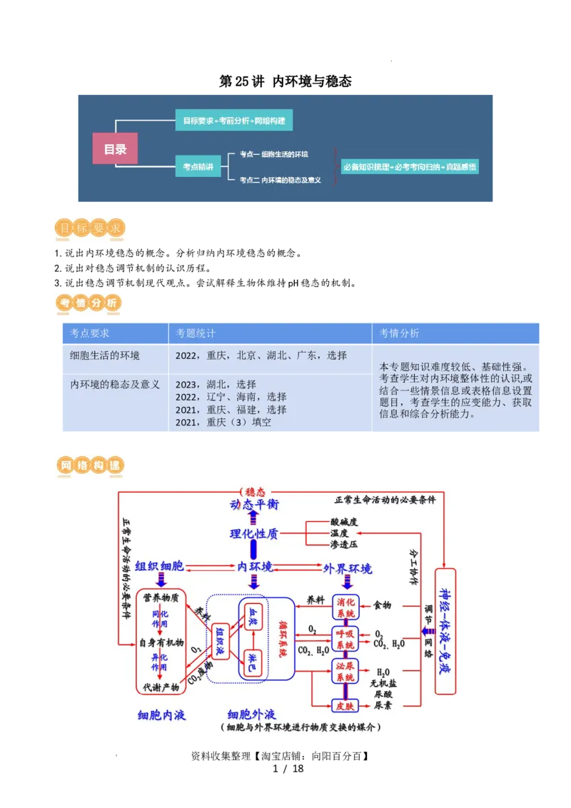 第25讲内环境与稳态（讲义）（学生版）_新高考复习资料_2024年新高考复习资料_一轮复习资料_完2024年高考生物一轮复习讲练测(课件+讲义+练习)（新高考）_讲义+练习