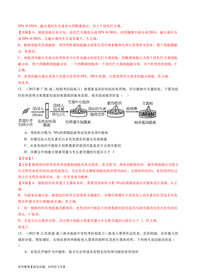 第40讲植物细胞工程（练习）（解析版）_新高考复习资料_2024年新高考复习资料_一轮复习资料_完2024年高考生物一轮复习讲练测(课件+讲义+练习)（新高考）_讲义+练习