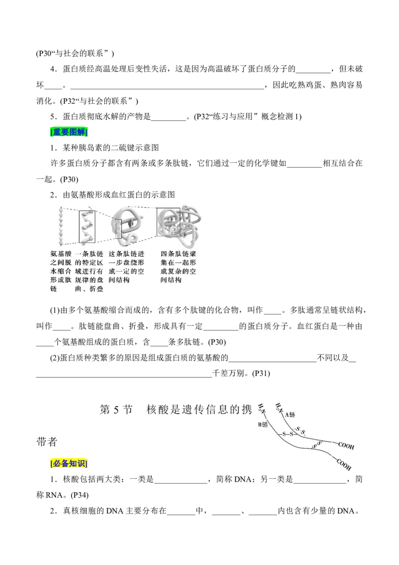 第2章组成细胞的分子（填空版）_2025年新高考资料_专项复习_晨读晚默备战2025年高考生物必背知识清单_第2章组成细胞的分子-晨读晚默备战2025年高考生物必背知识清单