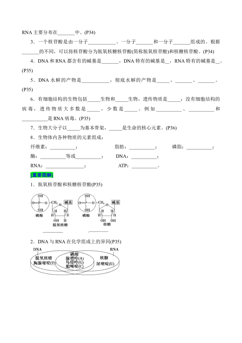 第2章组成细胞的分子（填空版）_2025年新高考资料_专项复习_晨读晚默备战2025年高考生物必背知识清单_第2章组成细胞的分子-晨读晚默备战2025年高考生物必背知识清单