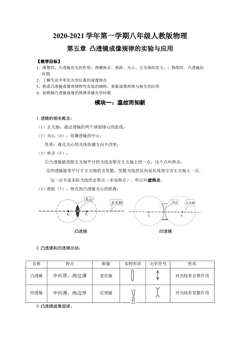 第五章透镜及其应用复习讲义2020-2021学年八年级人教版上册物理_初物_2024人教版初中物理八九年级上下册课件教案PPT试题电子版资料_八年级上册教案_第五章透镜及其应用