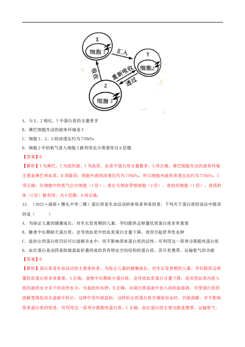 第22练人体内环境稳态及实例（解析版）_新高考复习资料_2023年新高考复习资料_一轮复习_2023年高考生物一轮复习小题多维练（新高考专用）