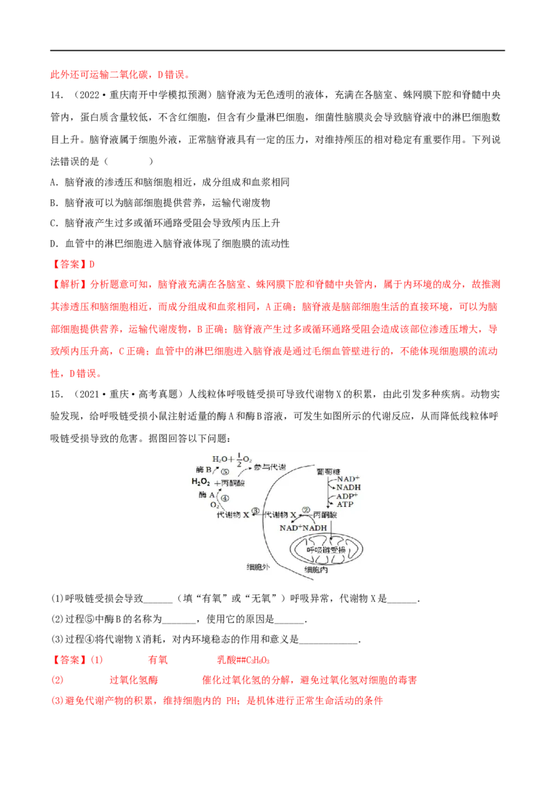 第22练人体内环境稳态及实例（解析版）_新高考复习资料_2023年新高考复习资料_一轮复习_2023年高考生物一轮复习小题多维练（新高考专用）