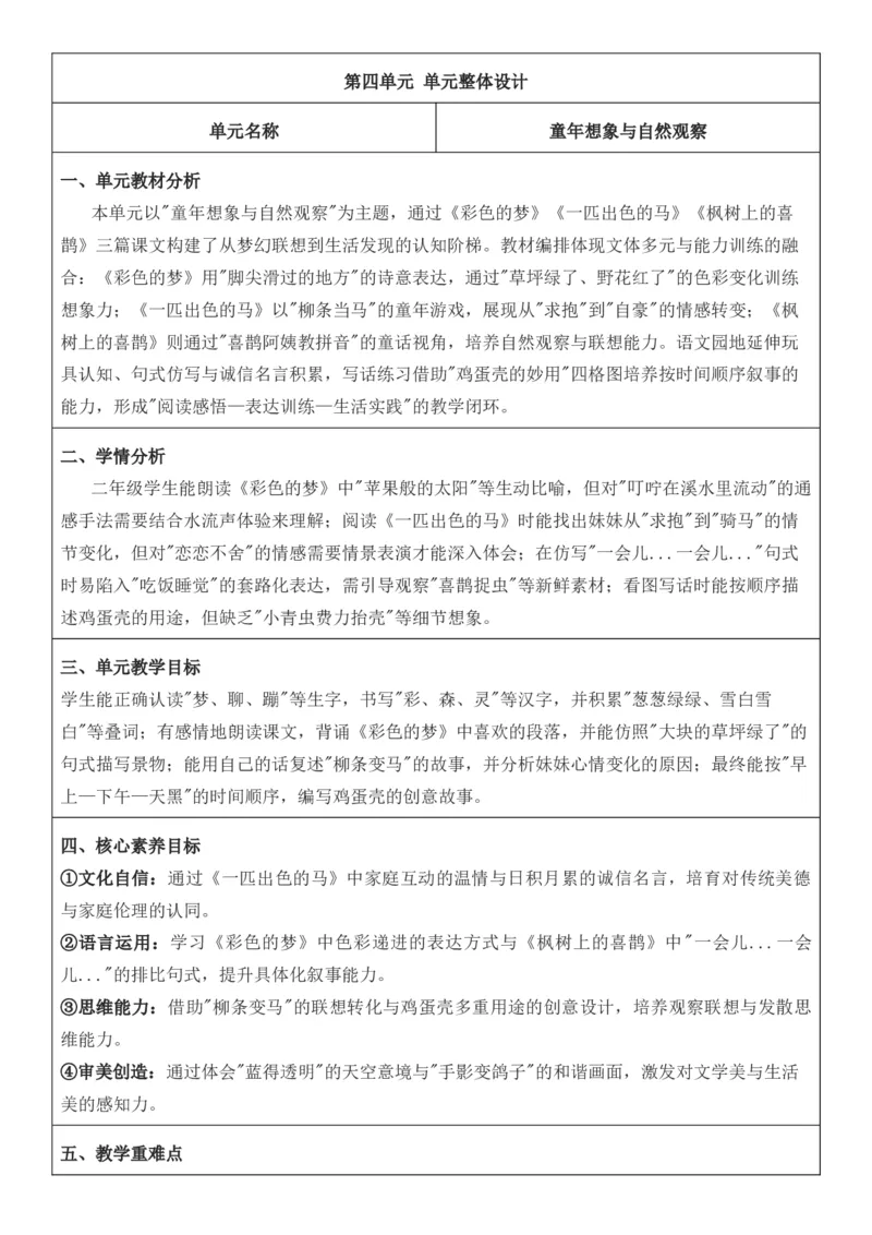 （新教材）2026年春期部编人教版二年级下册语文第4单元核心素养教案（反思无内容）_部编人教版2年级下册语文_2026年春期-2年级下册教案_单元教案