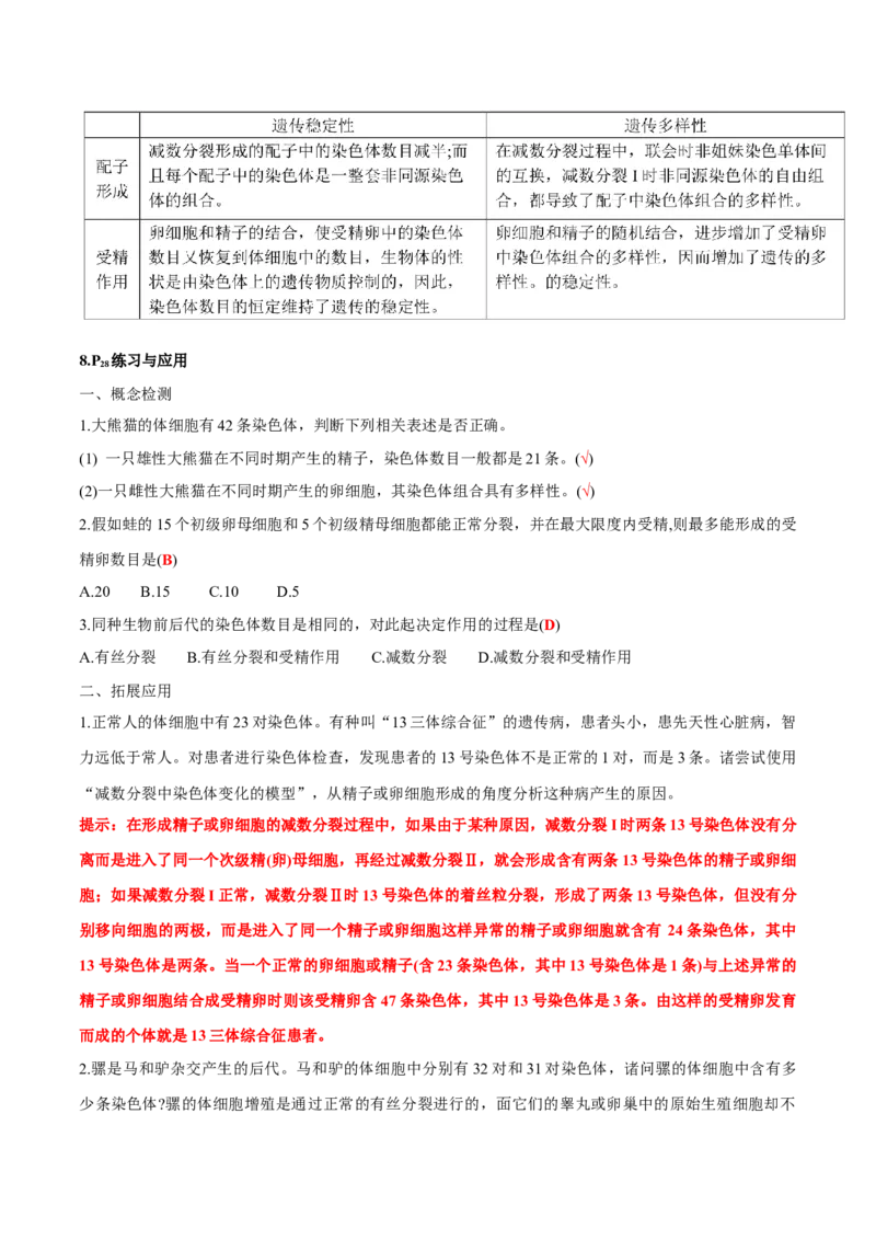 第2章基因和染色体的关系-查漏补缺2023年高考生物一轮复习教材必背细节与旁栏思考梳理汇总（新教材）（答案版）_新高考复习资料_2023年新高考复习资料_一轮复习