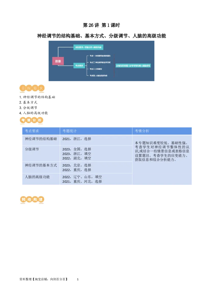 第26.1讲神经调节的结构基础、基本方式、分级调节、高级功能（讲义）（教师版）_新高考复习资料_2024年新高考复习资料_一轮复习资料_讲义+练习
