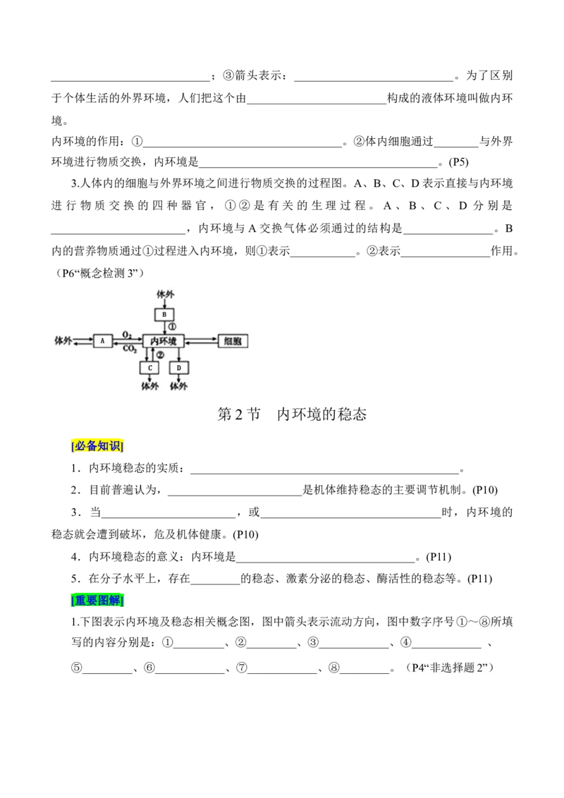第1章人体的内环境与稳态（填空版）_2025年新高考资料_专项复习_晨读晚默备战2025年高考生物必背知识清单_第1章人体的内环境与稳态-晨读晚默备战2025年高考生物必背知识清单
