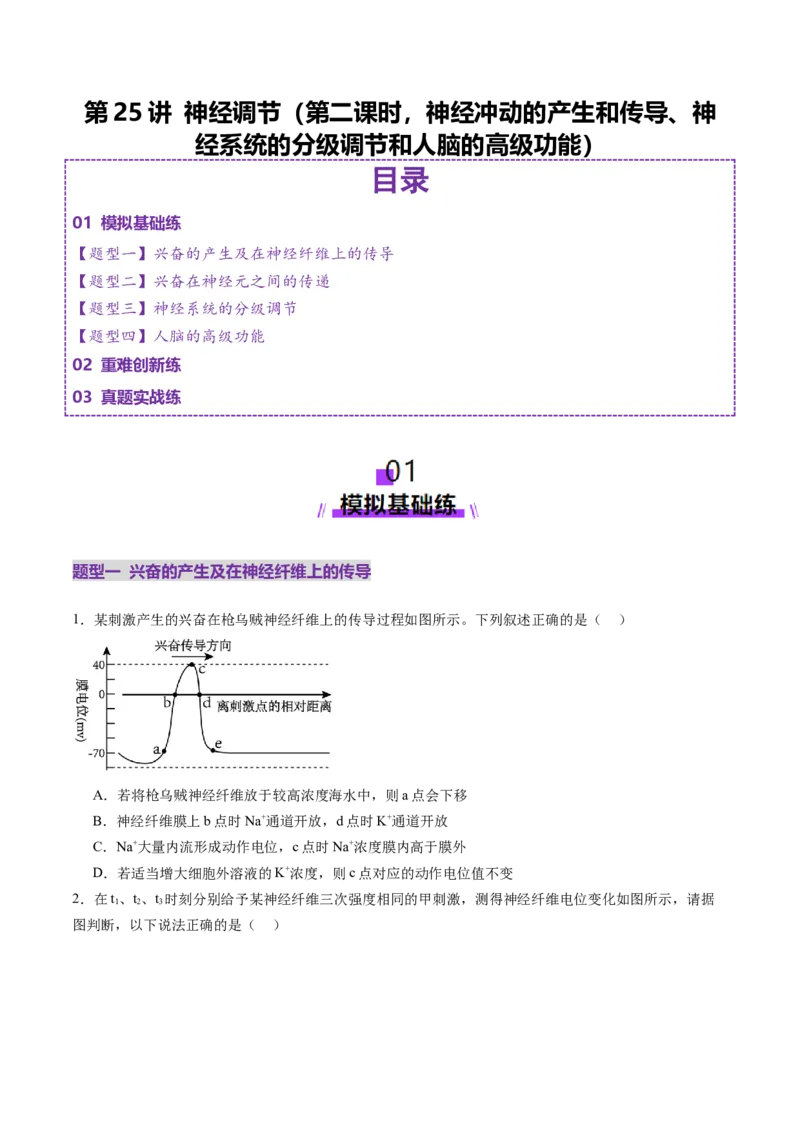 第25讲神经调节（第二课时，神经冲动的产生和传导、神经系统的分级调节和人脑的高级功能）（练习）（原卷版）_2025年新高考资料_一轮复习