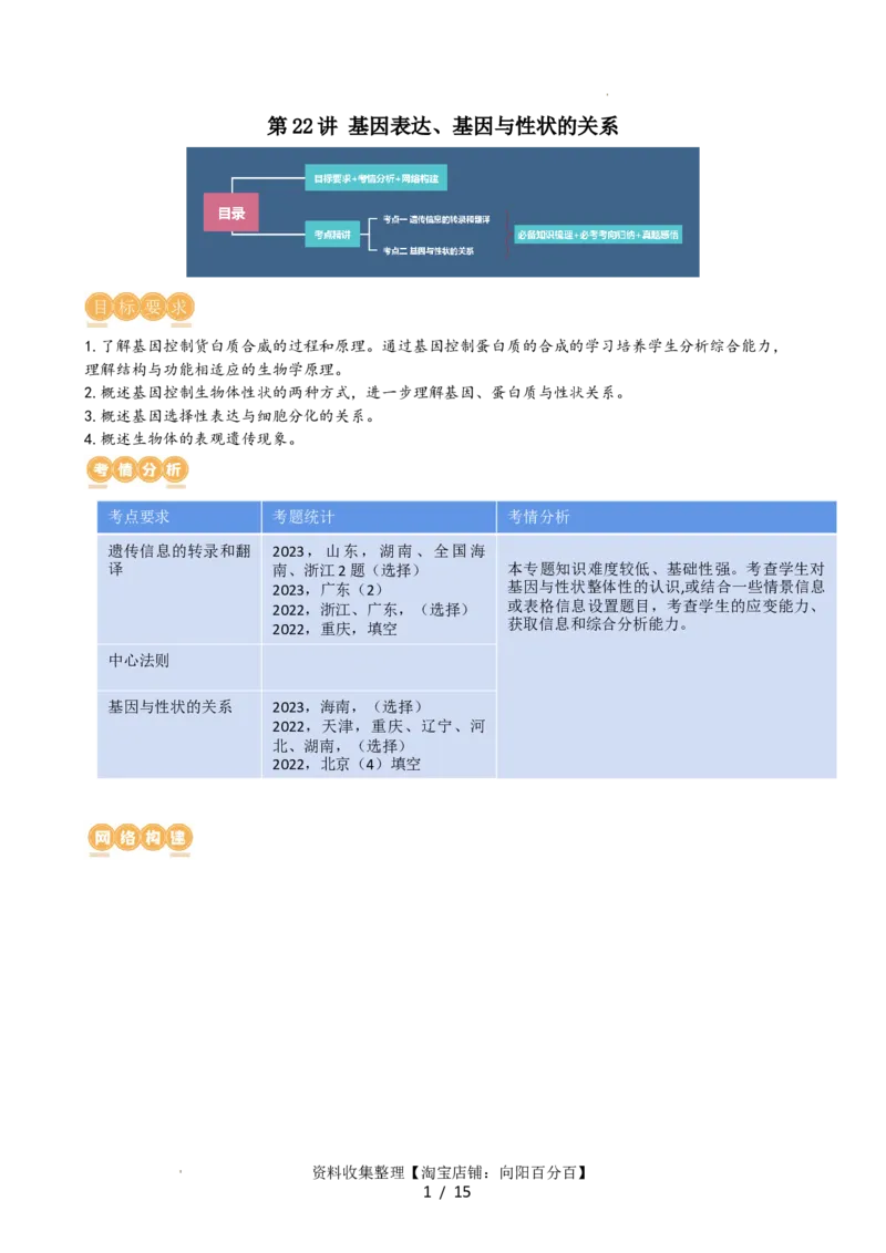 第22讲基因的表达、基因与性状的关系（讲义）（学生版）_新高考复习资料_2024年新高考复习资料_一轮复习资料_完2024年高考生物一轮复习讲练测(课件+讲义+练习)（新高考）_讲义+练习