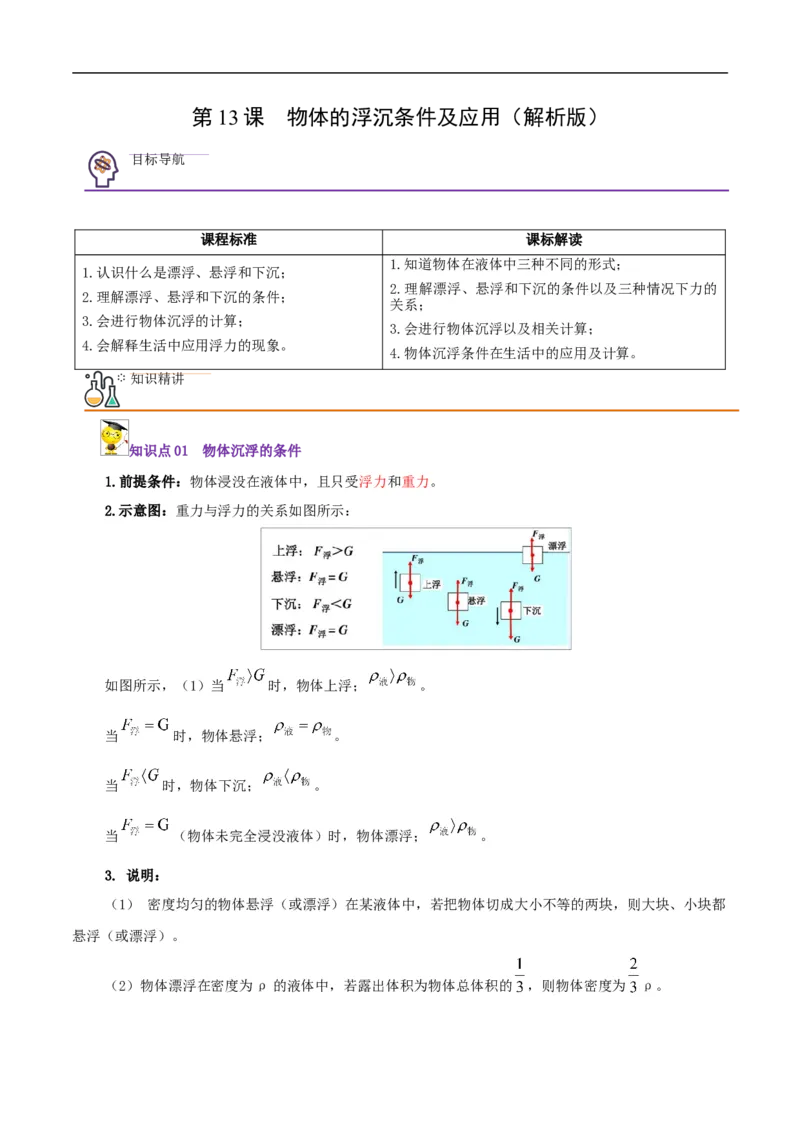 第13课物体的浮沉条件及应用（教师版）_初物_人教版初中物理初二三教案讲义专项练习八九年级电子版word资料_最新人教版初中物理初二下册