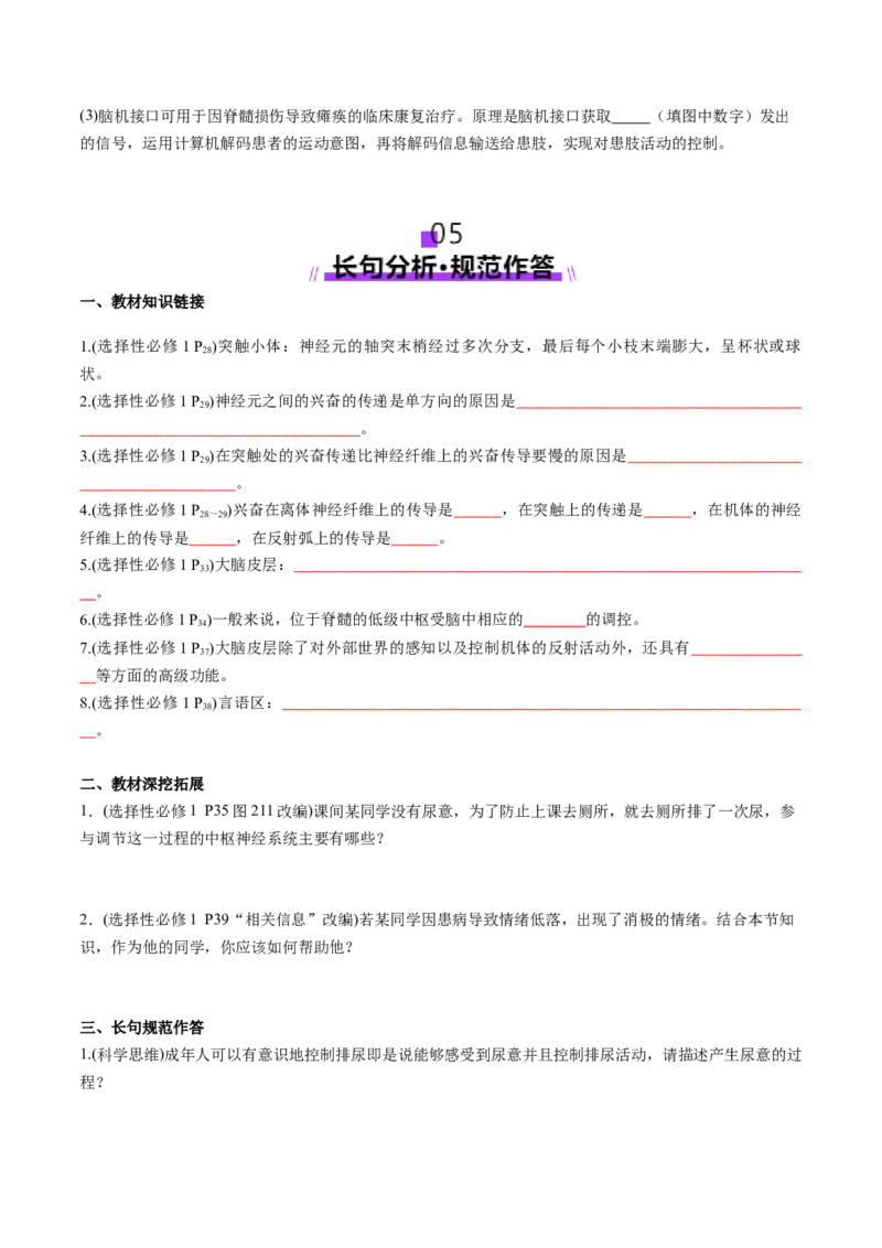 第25讲神经调节（第二课时，神经冲动的产生和传导、神经系统的分级调节和人脑的高级功能）（讲义）（原卷版）_2025年新高考资料_一轮复习