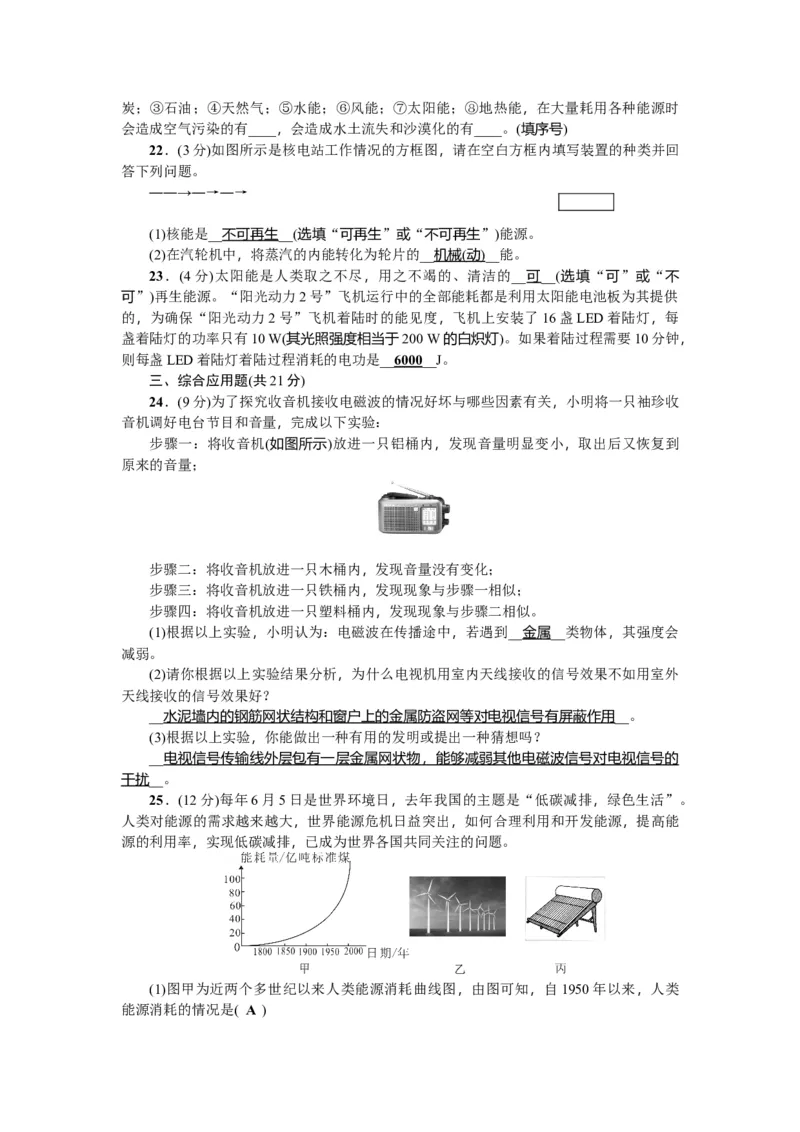 第二十一章信息的传递、二十二章能量与可持续发展测试题教师版含答案_初物_1初中物理