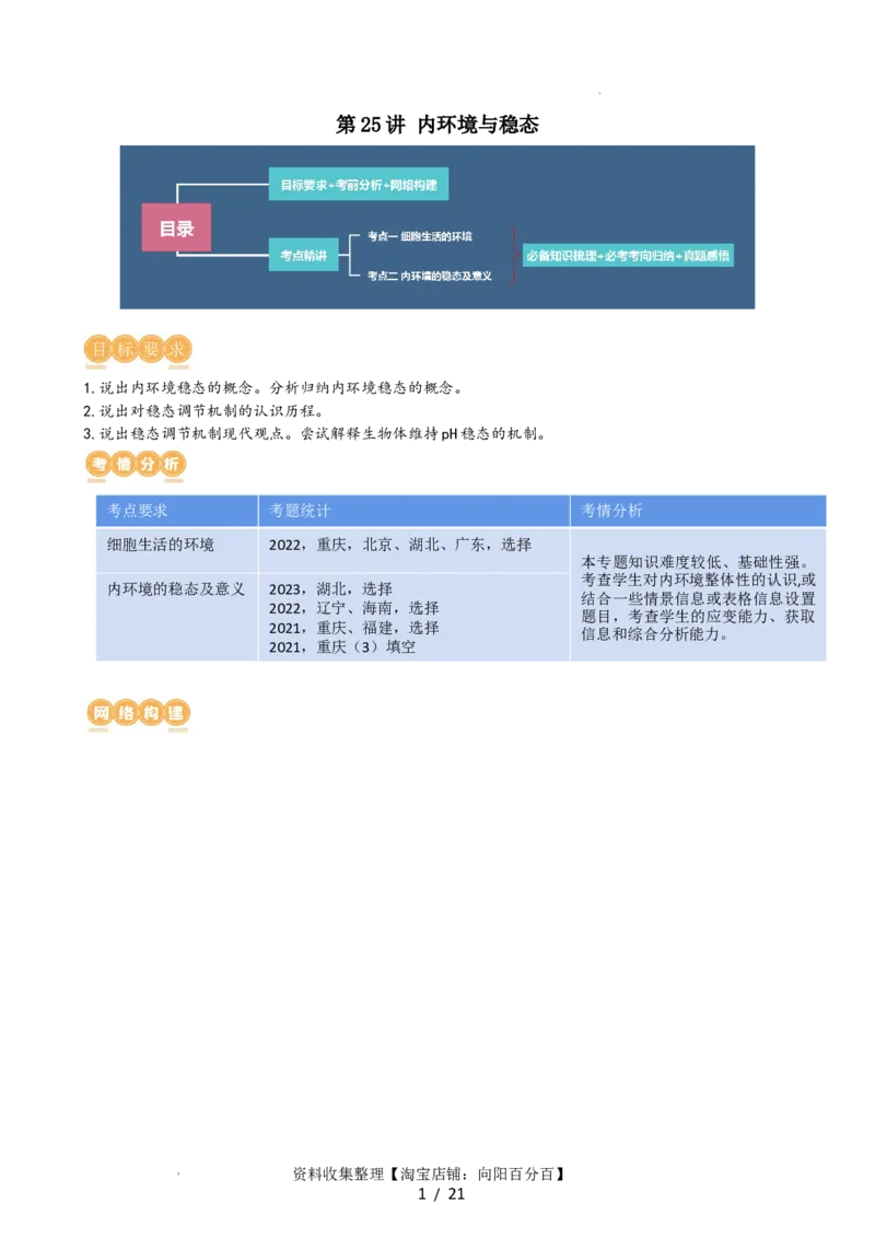 第25讲内环境与稳态（讲义）（教师版）_新高考复习资料_2024年新高考复习资料_一轮复习资料_完2024年高考生物一轮复习讲练测(课件+讲义+练习)（新高考）_讲义+练习