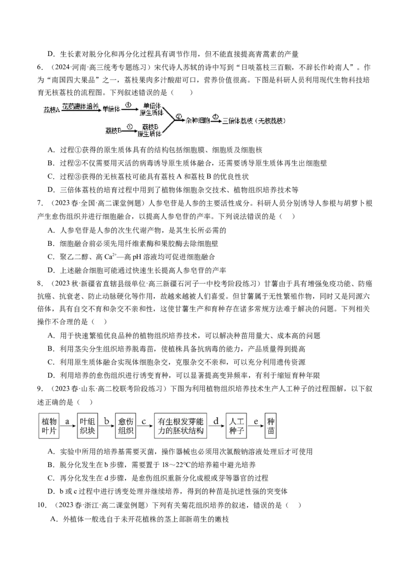 第40讲植物细胞工程（练习）（原卷版）_新高考复习资料_2024年新高考复习资料_一轮复习资料_完2024年高考生物一轮复习讲练测(课件+讲义+练习)（新高考）_讲义+练习