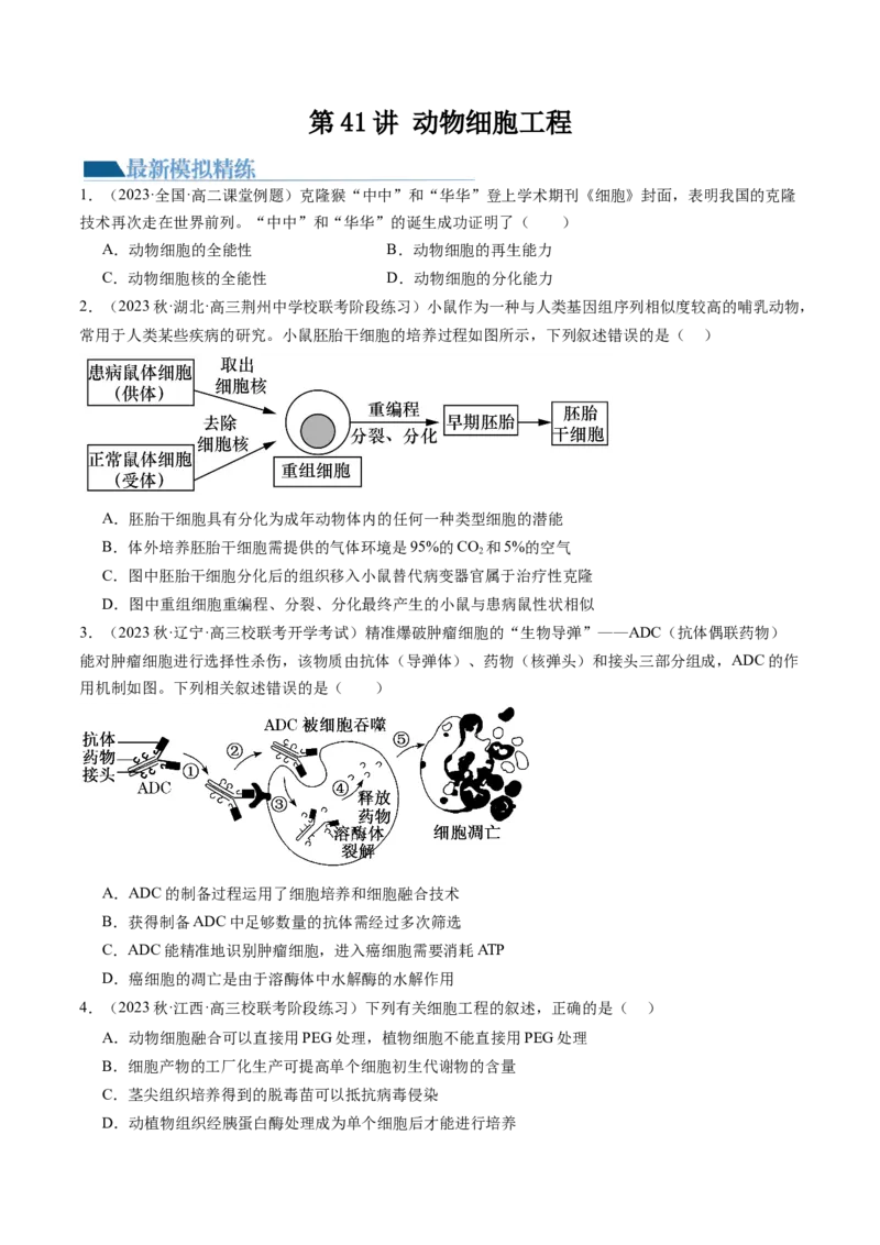 第41讲动物细胞工程（练习）（原卷版）_新高考复习资料_2024年新高考复习资料_一轮复习资料_完2024年高考生物一轮复习讲练测(课件+讲义+练习)（新高考）_讲义+练习