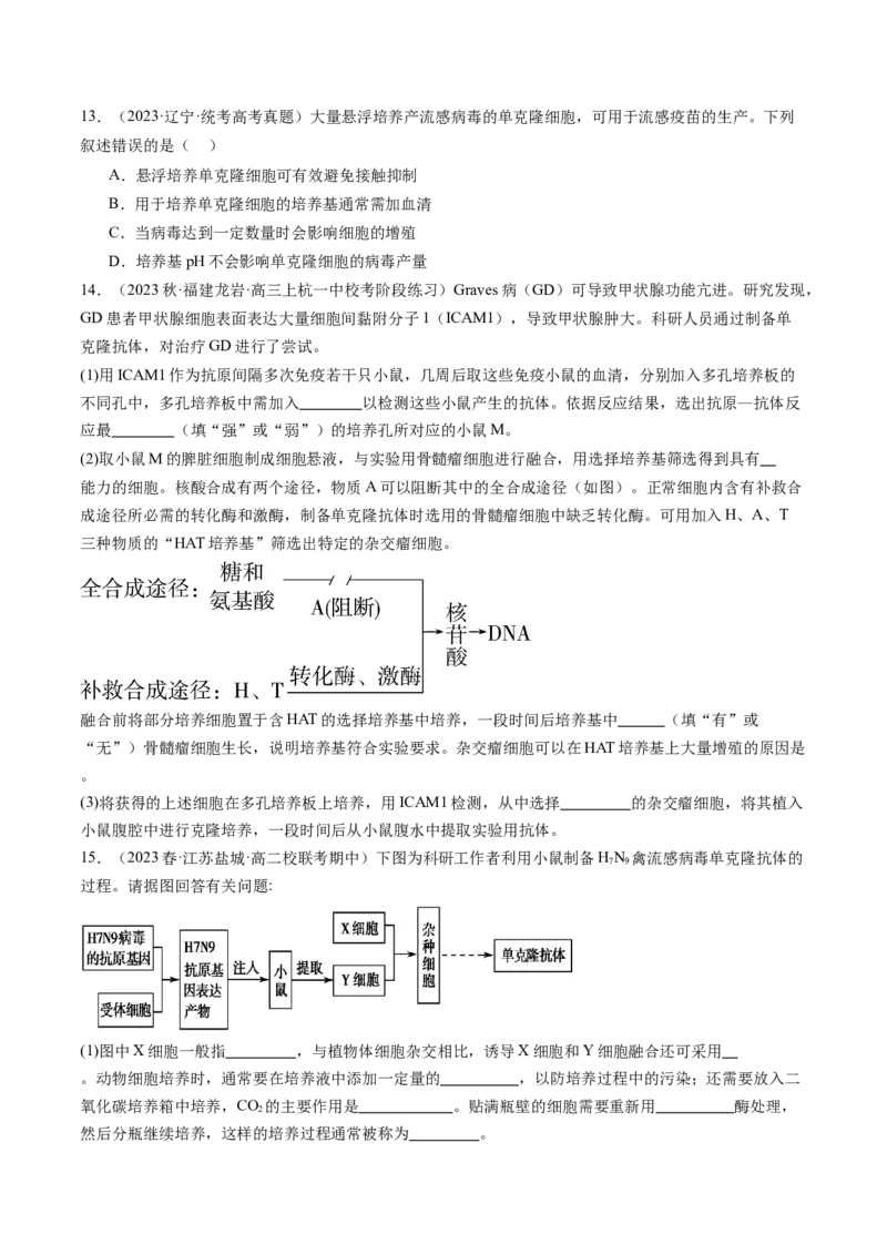 第41讲动物细胞工程（练习）（原卷版）_新高考复习资料_2024年新高考复习资料_一轮复习资料_完2024年高考生物一轮复习讲练测(课件+讲义+练习)（新高考）_讲义+练习
