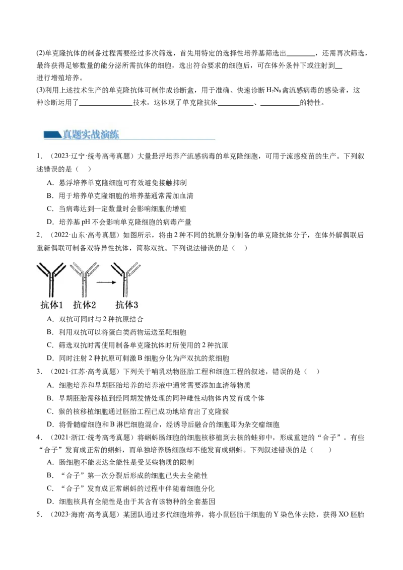 第41讲动物细胞工程（练习）（原卷版）_新高考复习资料_2024年新高考复习资料_一轮复习资料_完2024年高考生物一轮复习讲练测(课件+讲义+练习)（新高考）_讲义+练习