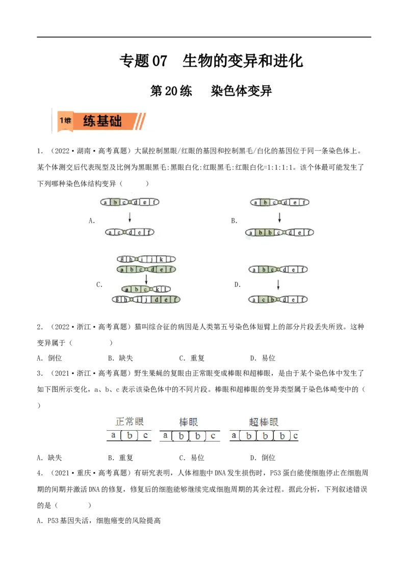 第20练染色体变异（原卷版）_新高考复习资料_2023年新高考复习资料_一轮复习_2023年高考生物一轮复习小题多维练（新高考专用）