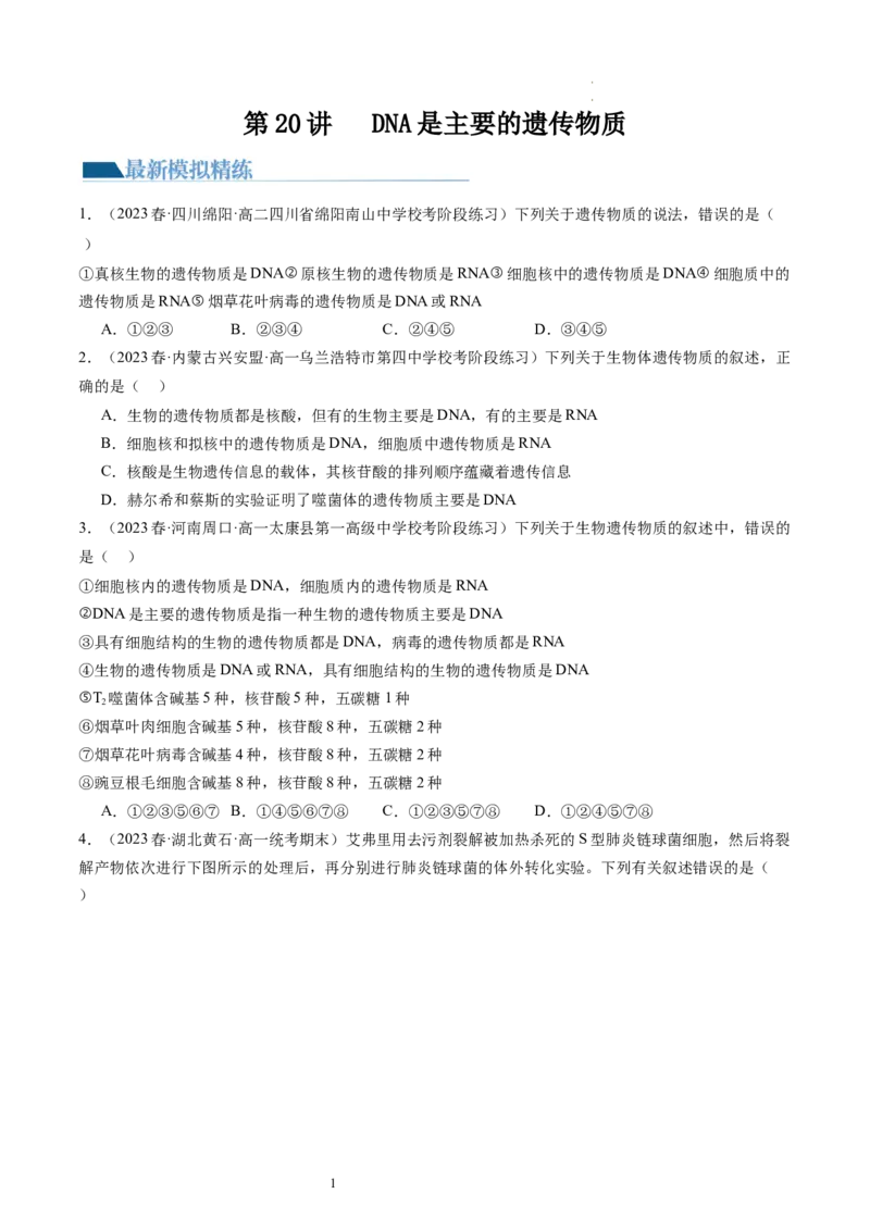 第20讲DNA是主要的遗传物质（练习）（原卷版）_新高考复习资料_2024年新高考复习资料_一轮复习资料_完2024年高考生物一轮复习讲练测(课件+讲义+练习)（新高考）_讲义+练习