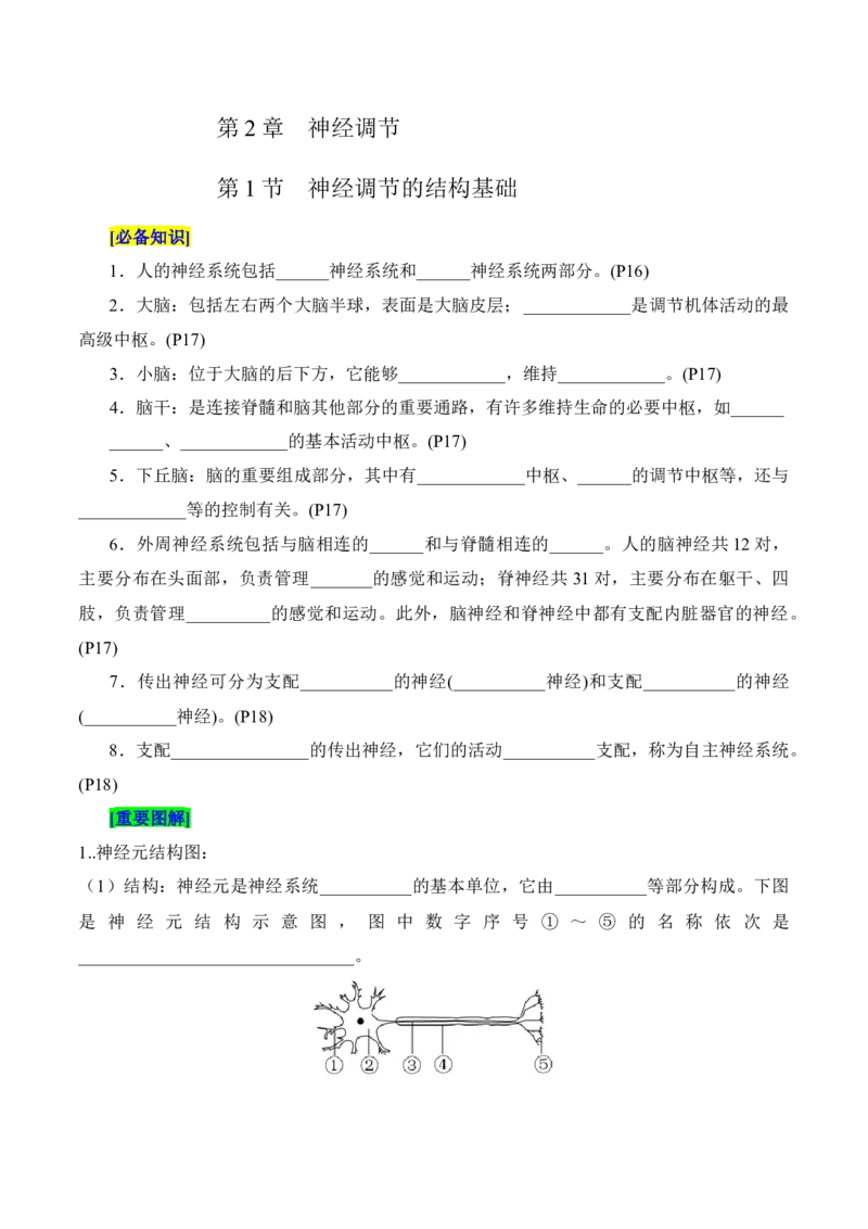 第2章神经调节（填空版）_新高考复习资料_2025年新高考资料_晨读晚默备战2025年高考生物必背知识清单_第2章神经调节-晨读晚默备战2025年高考生物必背知识清单