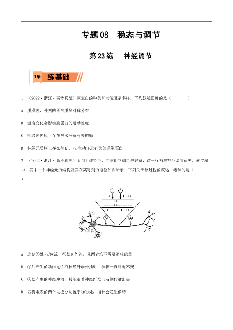 第23练神经调节（原卷版）_新高考复习资料_2023年新高考复习资料_一轮复习_2023年高考生物一轮复习小题多维练（新高考专用）