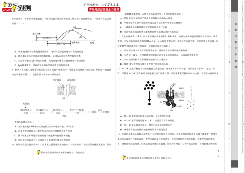 第八单元神经-激素-免疫调节网络构建（B卷能力提升练）-2023年高考生物一轮复习单元滚动双测卷（新高考专用）（考试版）_新高考复习资料_2023年新高考复习资料_一轮复习
