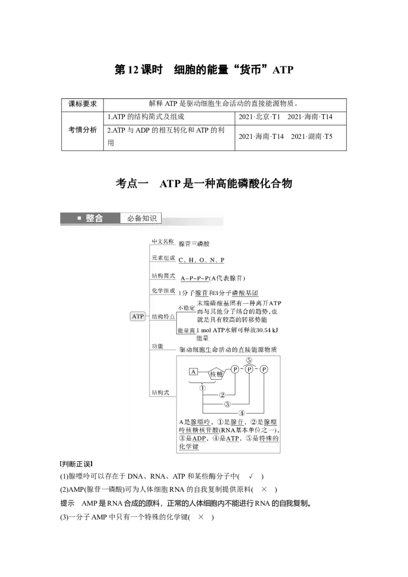 第三单元　第12课时　细胞的能量&ldquo;货币&rdquo;ATP_2025年新高考资料_一轮复习_2025大一轮复习讲义+课件（完结）_2025大一轮复习讲义生物教师用书Word版文档整书