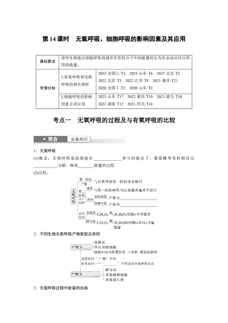 第三单元　第14课时　无氧呼吸、细胞呼吸的影响因素及其应用_新高考复习资料_2025年新高考资料_2025新高考一轮复习生物_2025大一轮复习讲义生物人教版学生用书Word版文档整书