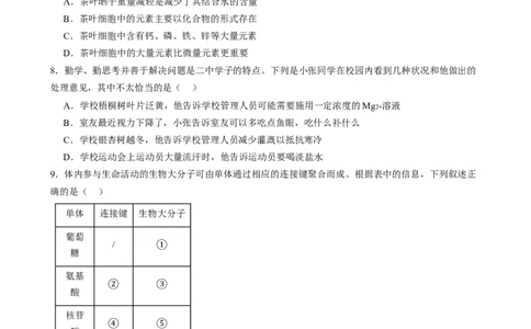 第一单元细胞的概述及其组成分子（测试）（原卷版）_2025年新高考资料_一轮复习_2025年高考生物一轮复习讲练测（新教材新高考）
