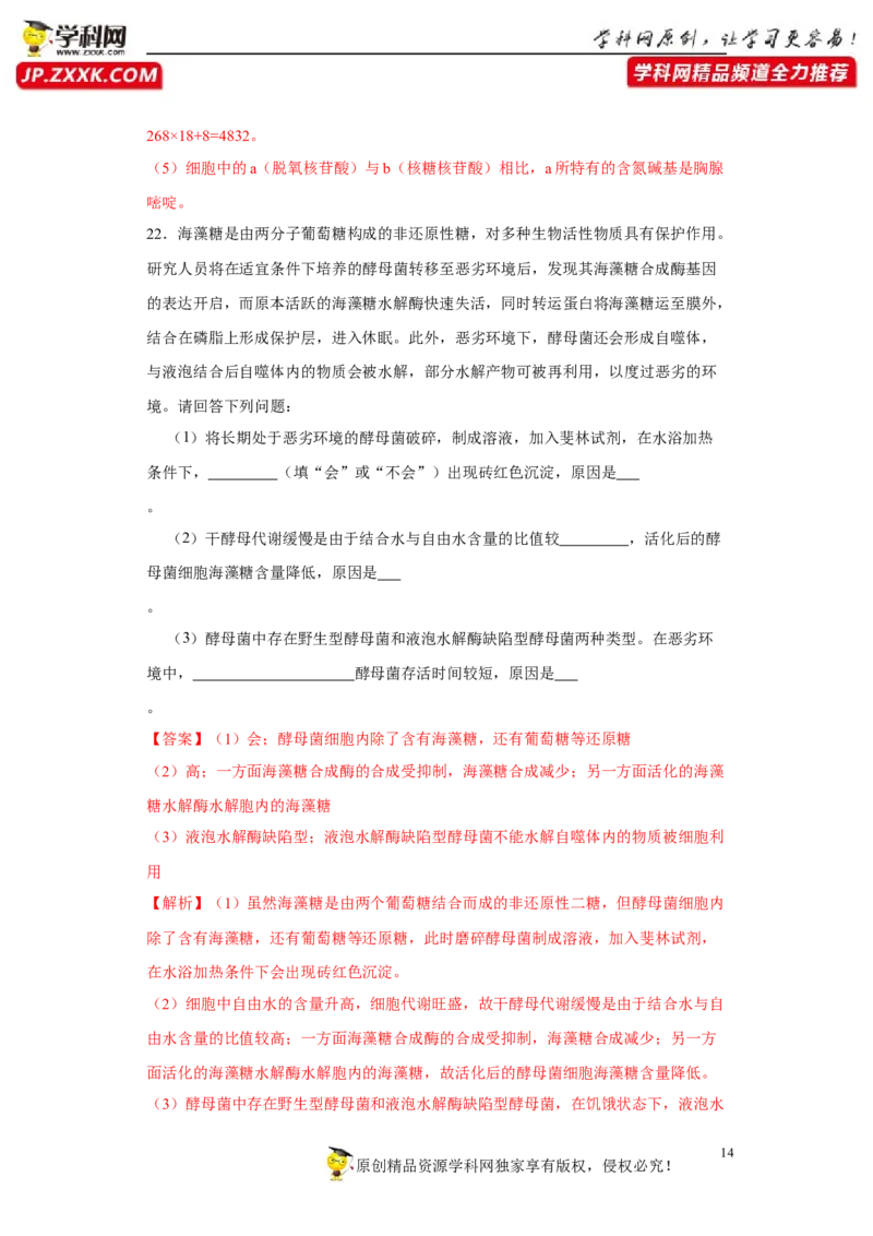 第一单元组成细胞的分子和结构梳理（B卷能力提升练）-2022年高考生物一轮复习单元滚动双测卷（解析版）_新高考复习资料_2023年新高考复习资料_一轮复习