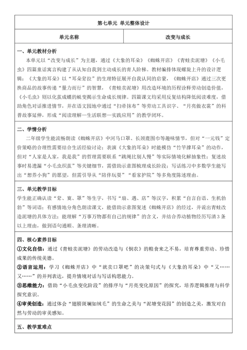 （新教材）2026年春期部编人教版二年级下册语文第7单元核心素养教案（反思无内容）_部编人教版2年级下册语文_2026年春期-2年级下册教案_单元教案