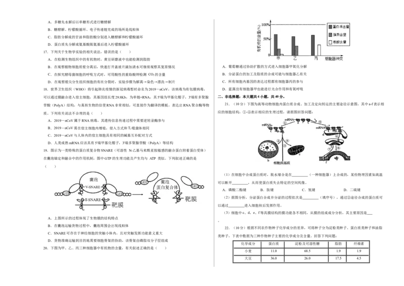 第一单元组成细胞的分子和结构梳理（A卷新题基础练）-2022年高考生物一轮复习单元滚动双测卷（考试版）_新高考复习资料_2023年新高考复习资料_一轮复习