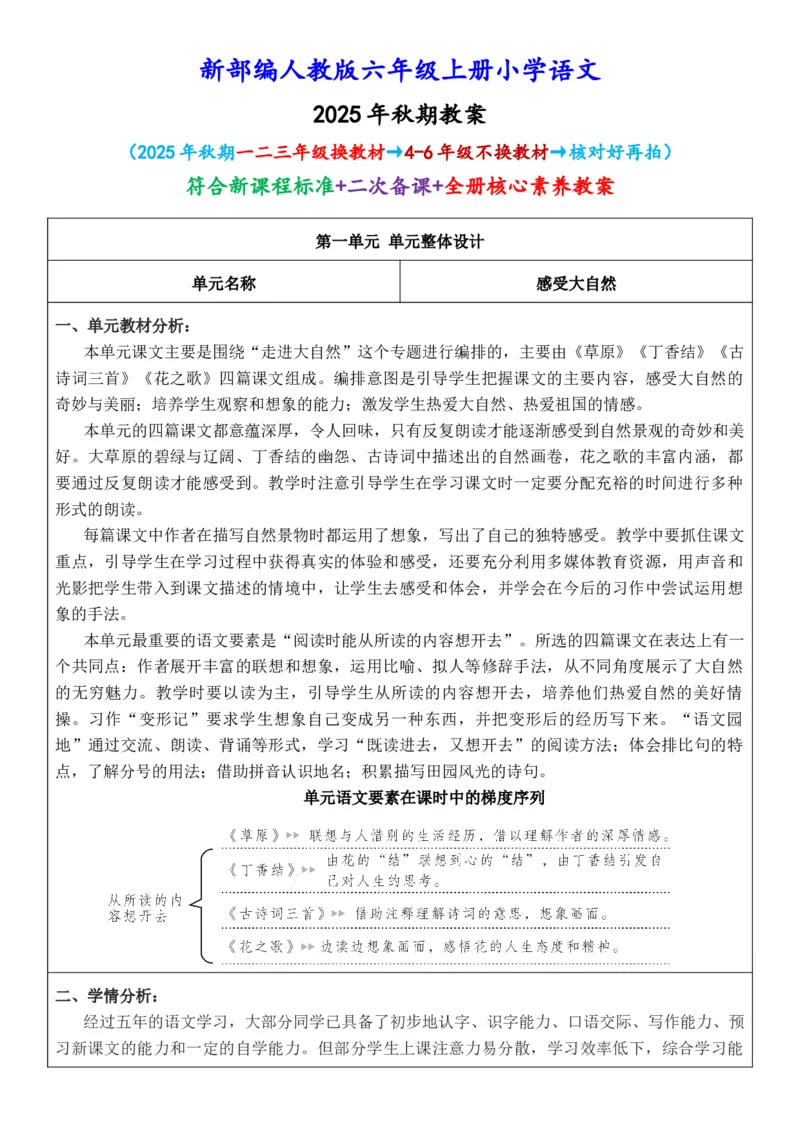 2025年秋期部编人教版6年级上册语文全册核心素养教案（教学反思有内容+二次备课版）_六年级上册