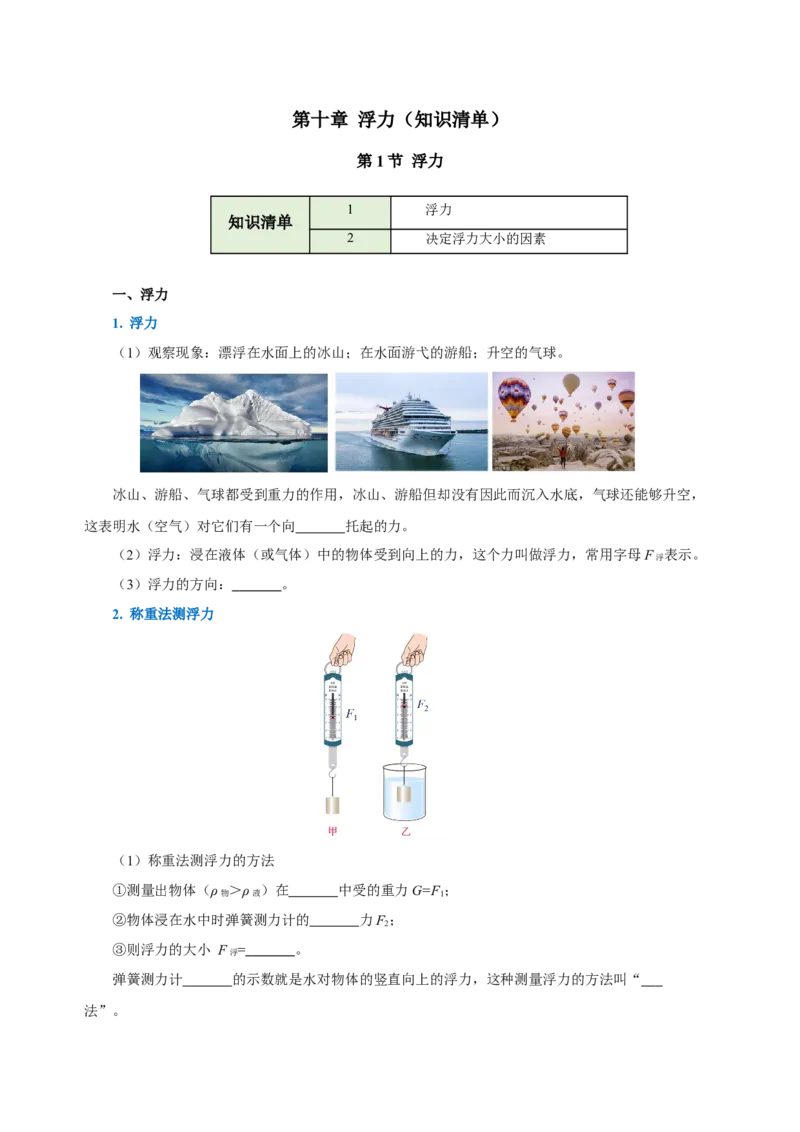 第十章浮力（知识清单）-八年级物理下册同步备课系列（人教版）（学生版）_初物_2024人教版初中物理八九年级上下册课件教案PPT试题电子版资料_八年级下册试卷_单元试卷