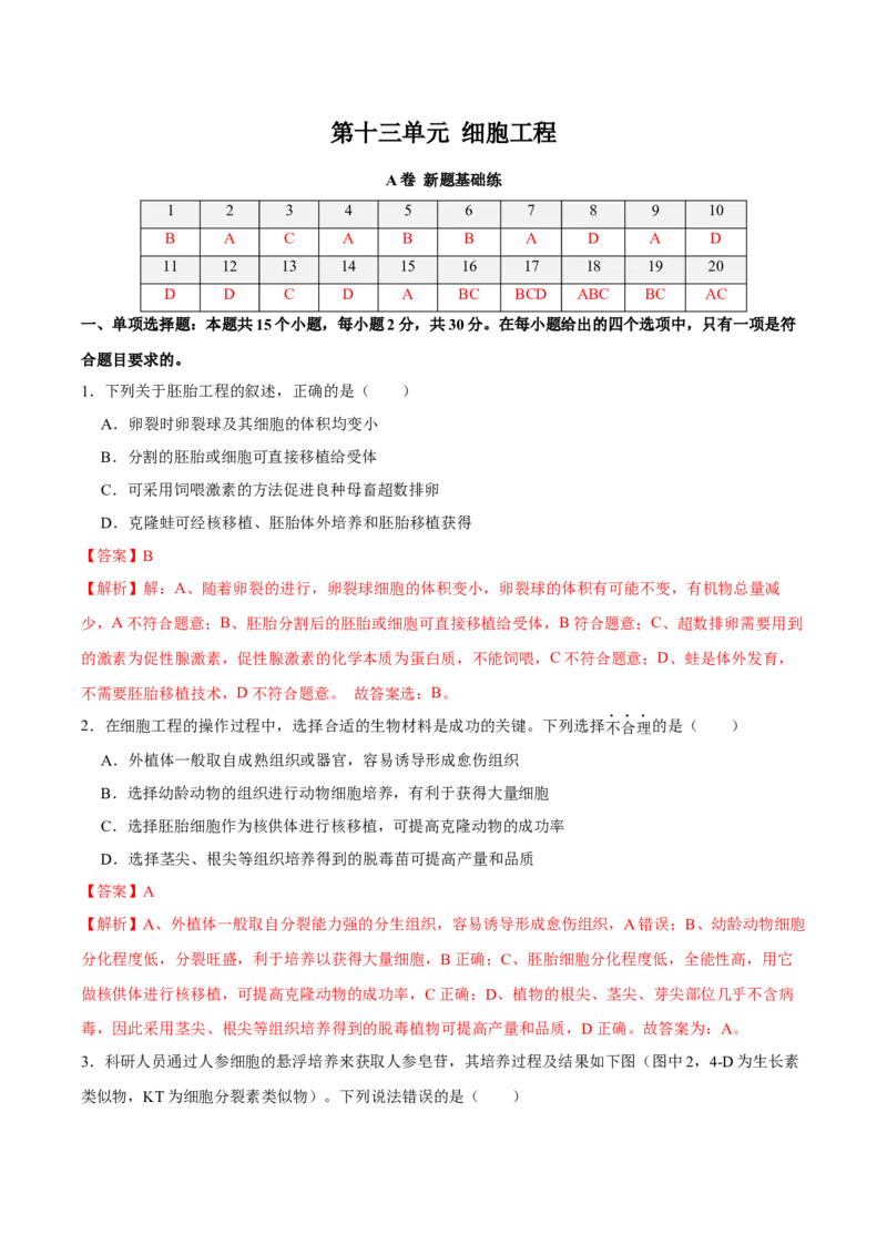 第十三单元细胞工程（A卷新题基础练）-2023年高考生物一轮复习单元滚动双测卷（新高考专用）（解析版）_新高考复习资料_2023年新高考复习资料_一轮复习