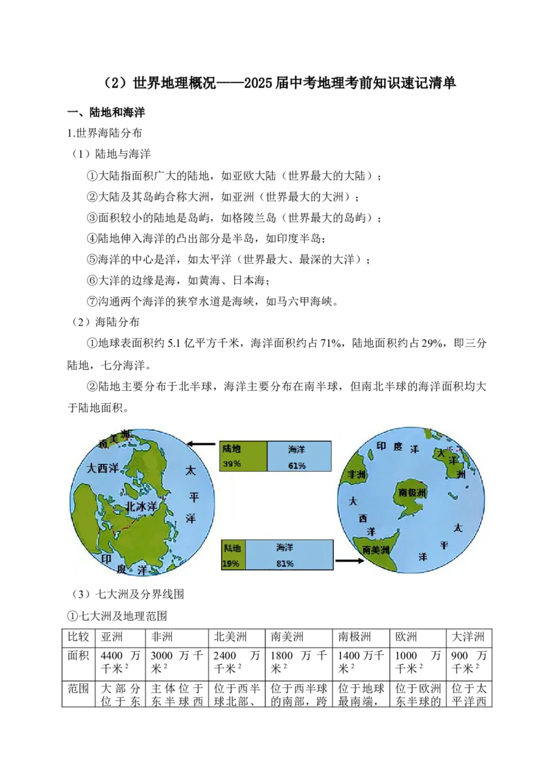 2025年中考地理考前速记清单：世界地理概况_7地理中考复习_2025中考复习资料_2025年地理中考考前速记清单