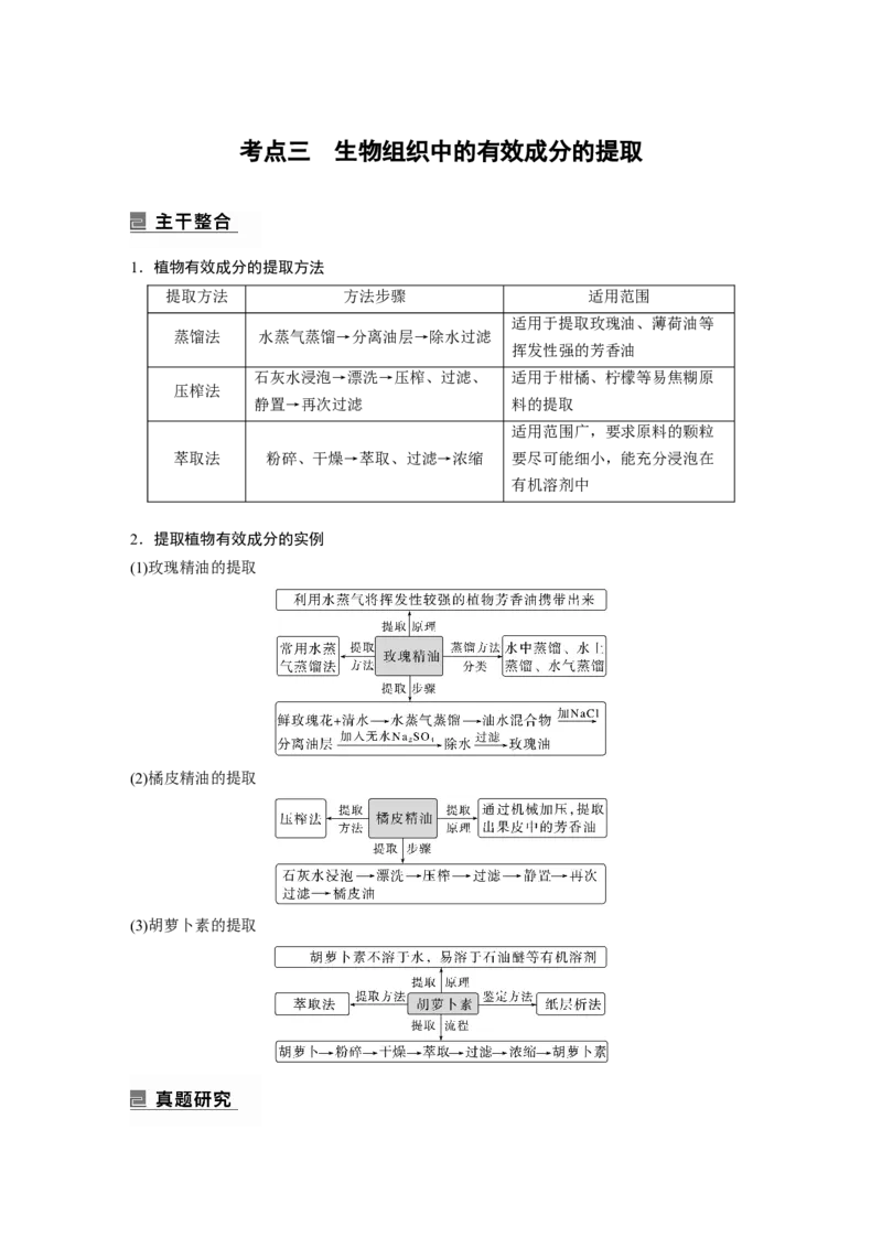 第一篇专题十考点三　生物组织中的有效成分的提取_通用版（老高考）复习资料_2023年复习资料_二轮复习_2023年高考生物二轮复习讲义+课件（全国版）_学生版_大二轮专题复习讲义