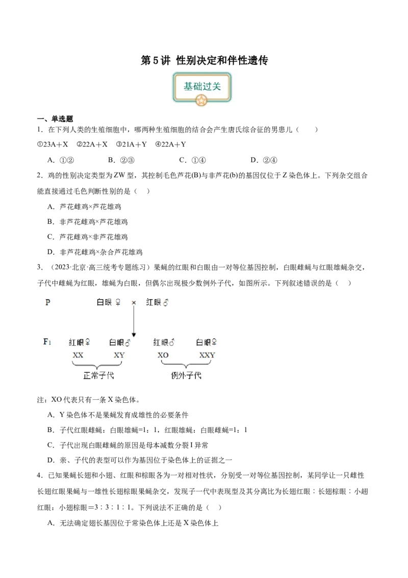 第5讲性别决定和伴性遗传（原卷版）_通用版（老高考）复习资料_2024年复习资料_完备战2024年高考生物一轮复习考点帮（全国通用）_专题六基因的传递规律