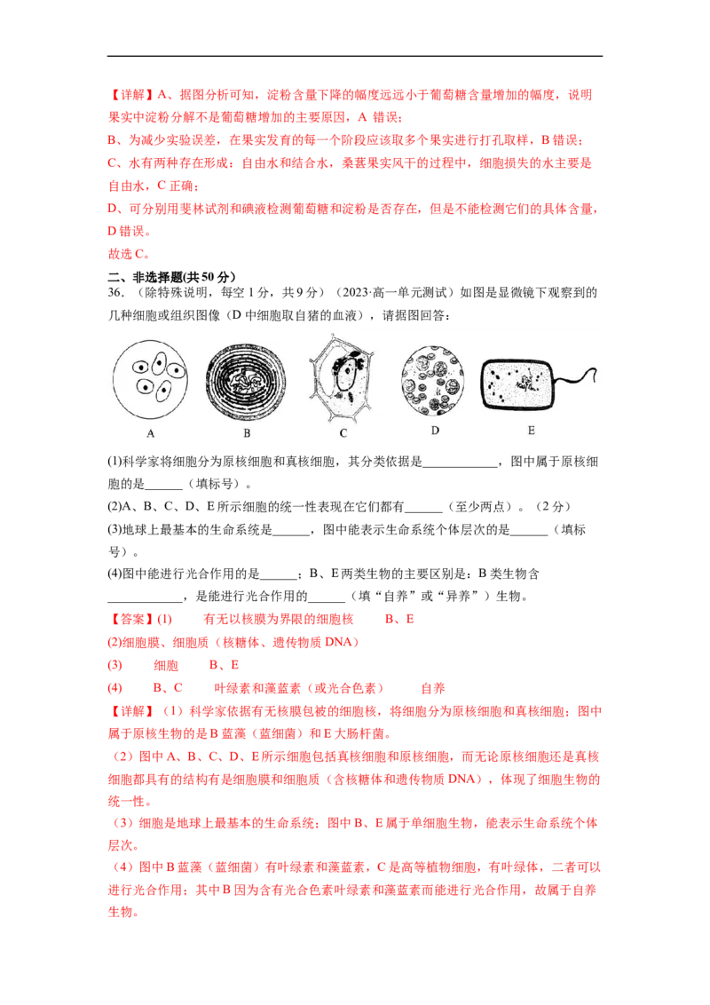 第一单元细胞的概述及其分子组成（解析版）_新高考复习资料_2024年新高考复习资料_一轮复习资料_完2024年高考生物一轮复习讲练测(课件+讲义+练习)（新高考）_单元测试