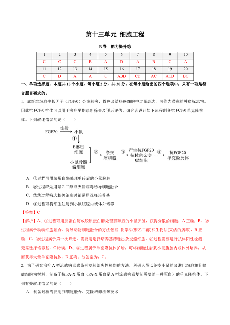 第十三单元细胞工程（B卷能力提升练）-2023年高考生物一轮复习单元滚动双测卷（新高考专用）（解析版）_新高考复习资料_2023年新高考复习资料_一轮复习