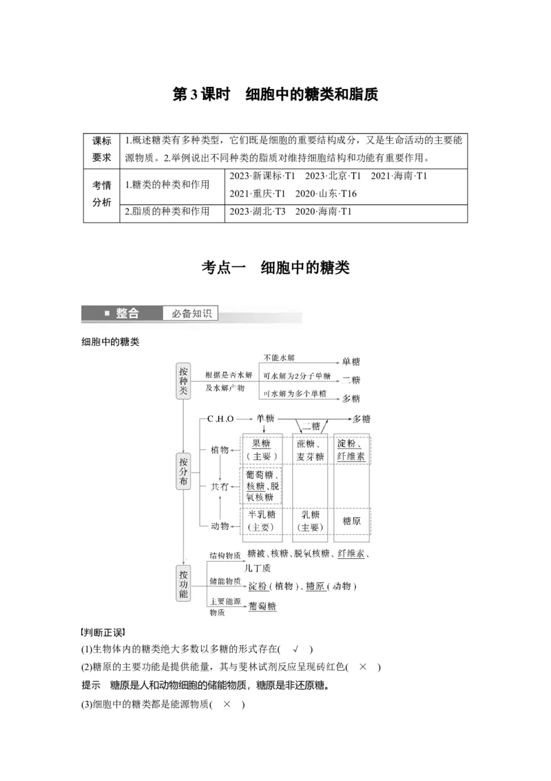 第一单元　第3课时　细胞中的糖类和脂质_2025年新高考资料_一轮复习_2025大一轮复习讲义+课件（完结）_2025大一轮复习讲义生物教师用书Word版文档整书_配套Word版文档第一~二单元