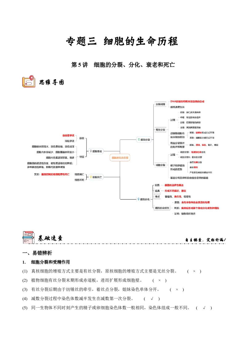 第5讲细胞的分裂、分化、衰老和死亡（讲练）-2023年高考生物二轮复习讲练测（新教材专用）（解析版）_新高考复习资料_2023年新高考复习资料_二轮复习