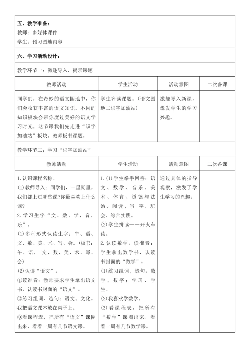 2025年秋期部编人教版1年级上册语文全册核心素养教案（教学反思有内容+二次备课版）_一年级上册