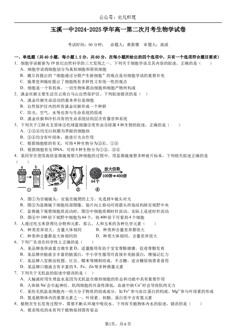 第二次月考生物试卷_2024年12月试卷_1211云南省玉溪市一中2024-2025学年高一上学期第二次月考_云南省玉溪市一中2024-2025学年高一上学期第二次月考生物试题Word版含答案