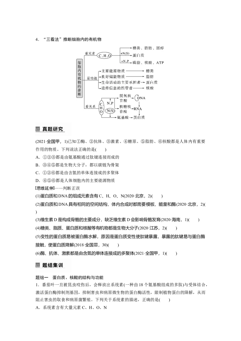第一篇专题一考点二　细胞中的有机物_通用版（老高考）复习资料_2023年复习资料_二轮复习_2023年高考生物二轮复习讲义+课件（全国版）_2023年高考生物二轮复习讲义（全国版）_学生版