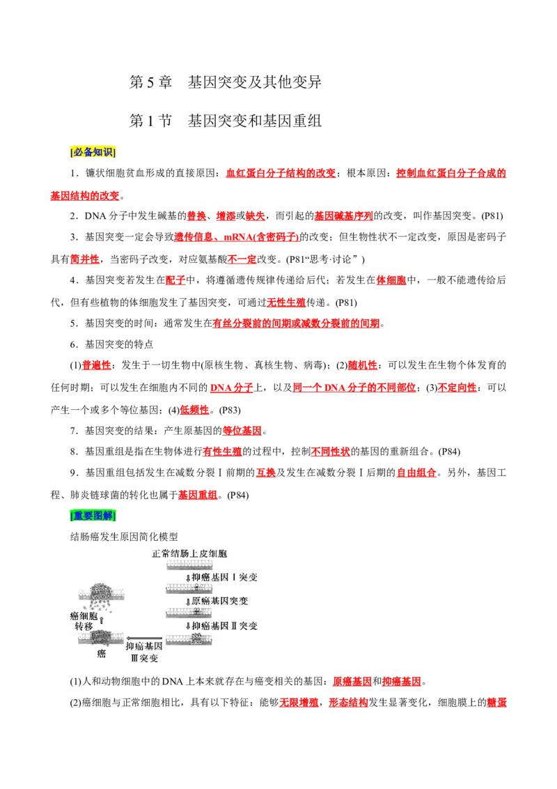 第5章基因突变及其他变异（背诵版）_新高考复习资料_2025年新高考资料_晨读晚默备战2025年高考生物必背知识清单