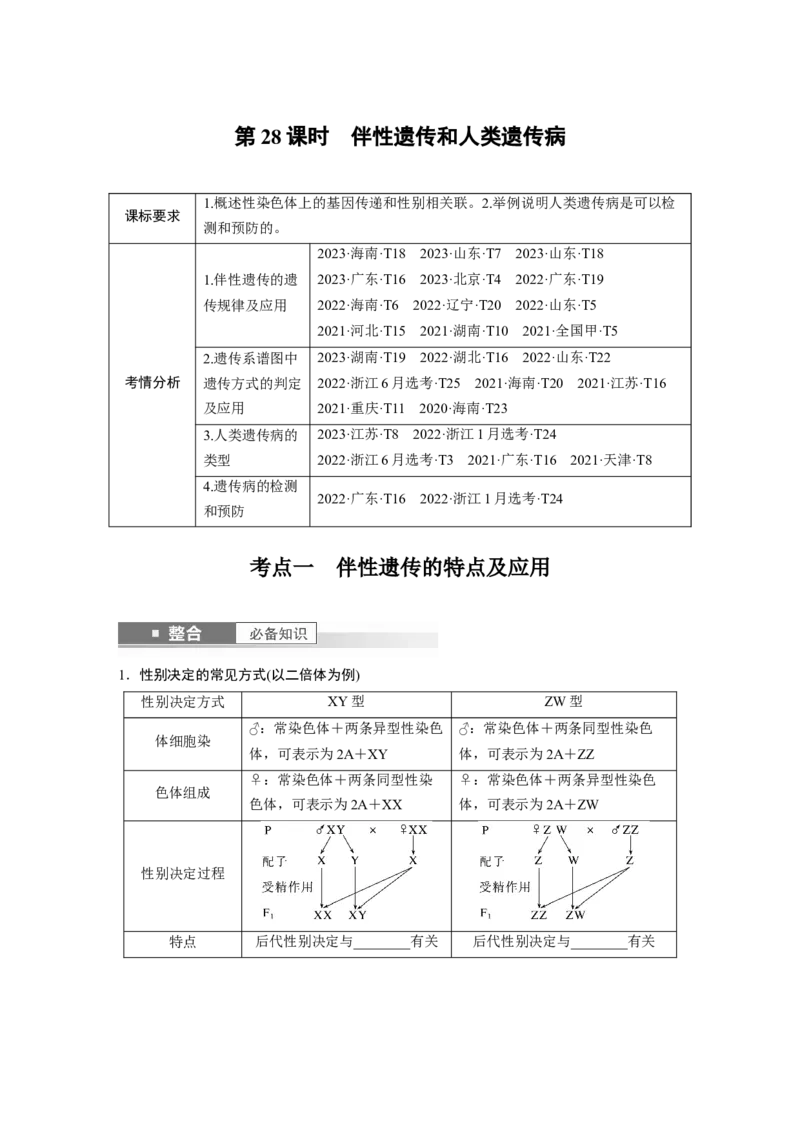 第五单元　第28课时　伴性遗传和人类遗传病_2025年新高考资料_一轮复习_2025大一轮复习讲义+课件（完结）_2025大一轮复习讲义生物学生用书Word版文档整书_2025大一轮复习讲义