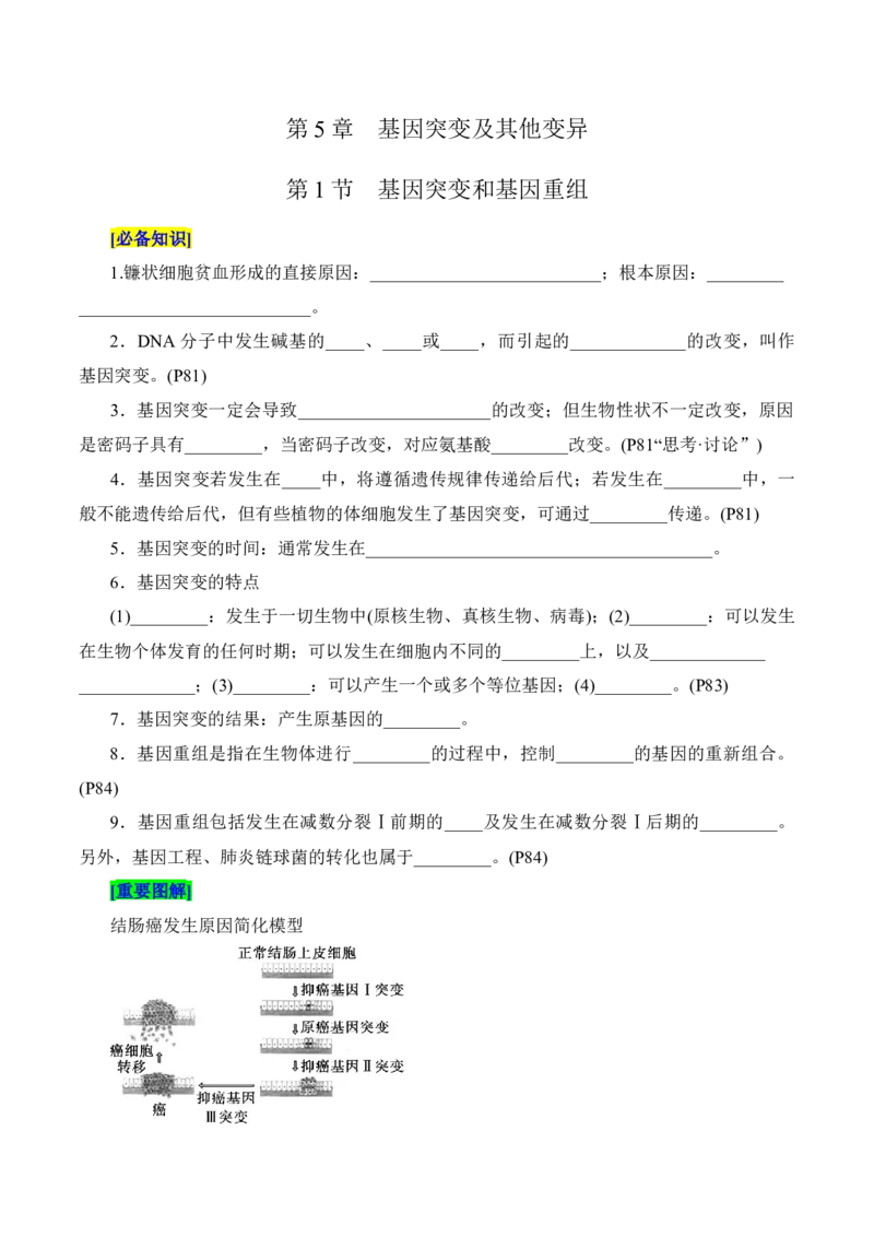 第5章基因突变及其他变异（填空版）_2025年新高考资料_专项复习_晨读晚默备战2025年高考生物必背知识清单_第5章基因突变及其他变异-晨读晚默备战2025年高考生物必背知识清单